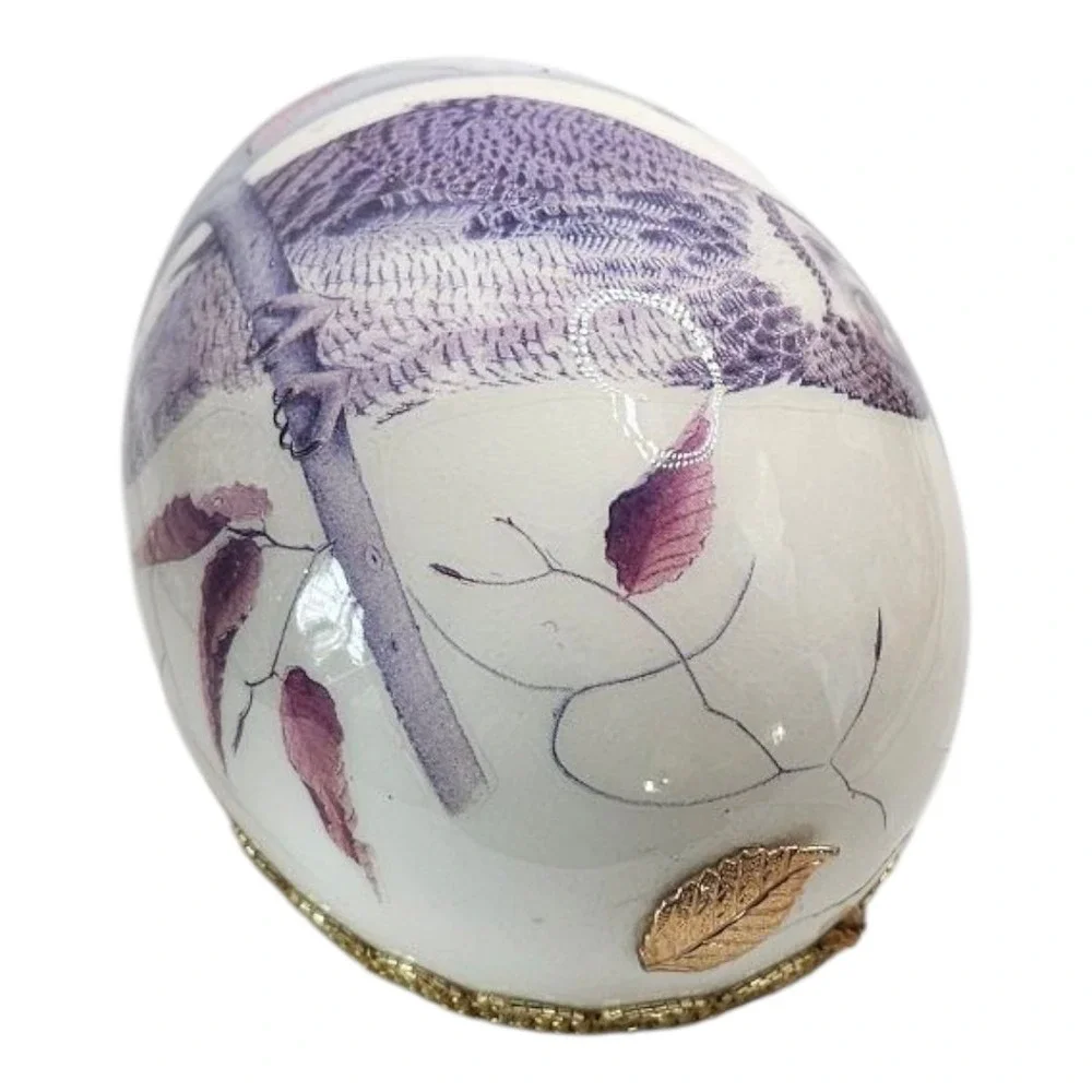 Vintage Porcelain Egg Shaped Paperweight Painted Realistic Snowy Owl Gold Leaves
